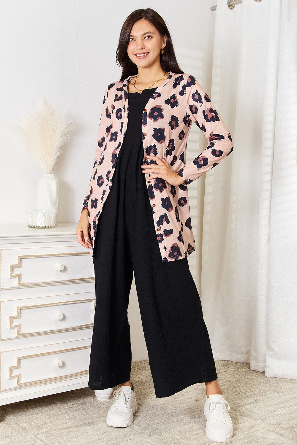Trendsi Double Take Printed Button Front Longline Cardigan