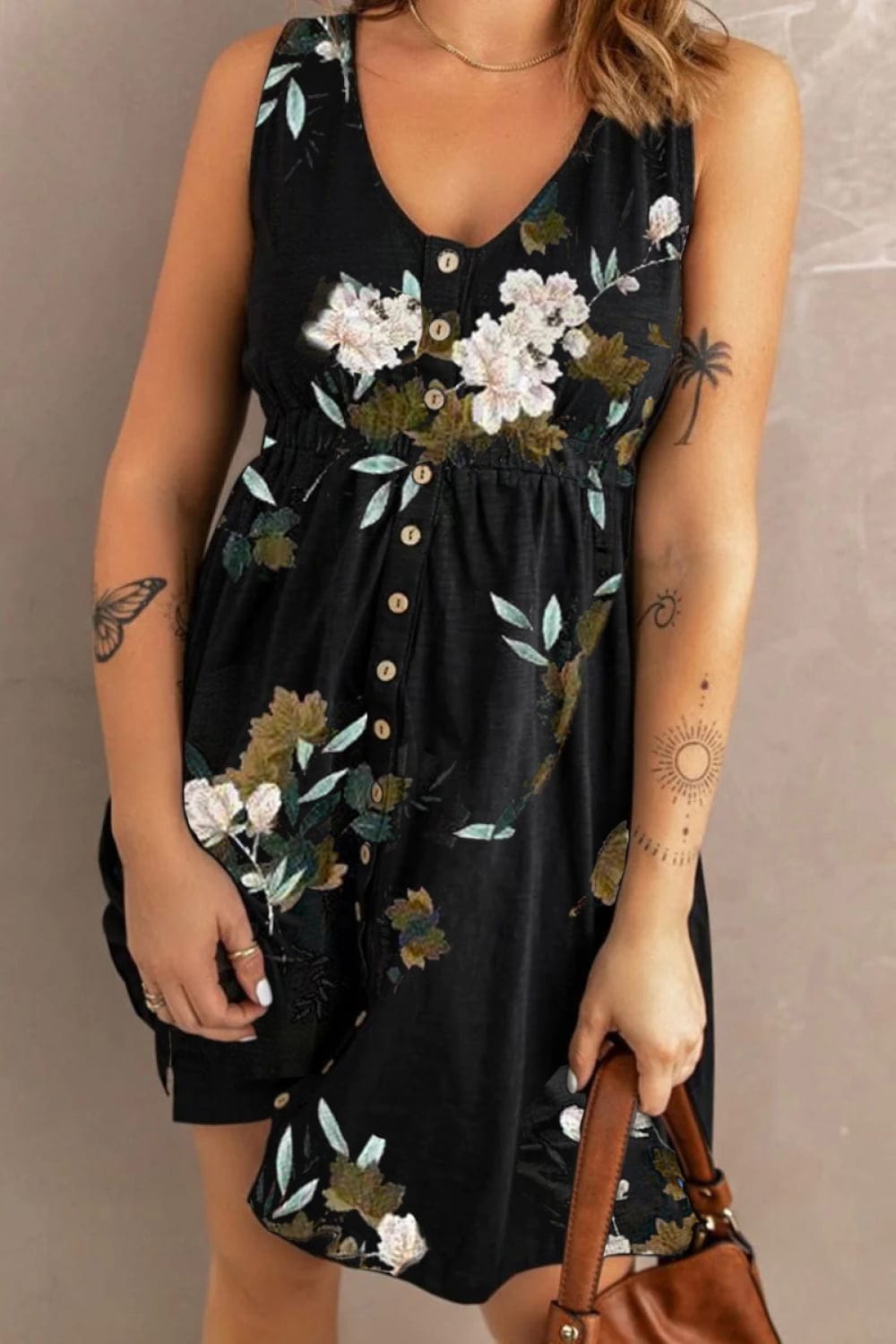 Trendsi Double Take Printed Scoop Neck Sleeveless Buttoned Magic Dress with Pockets