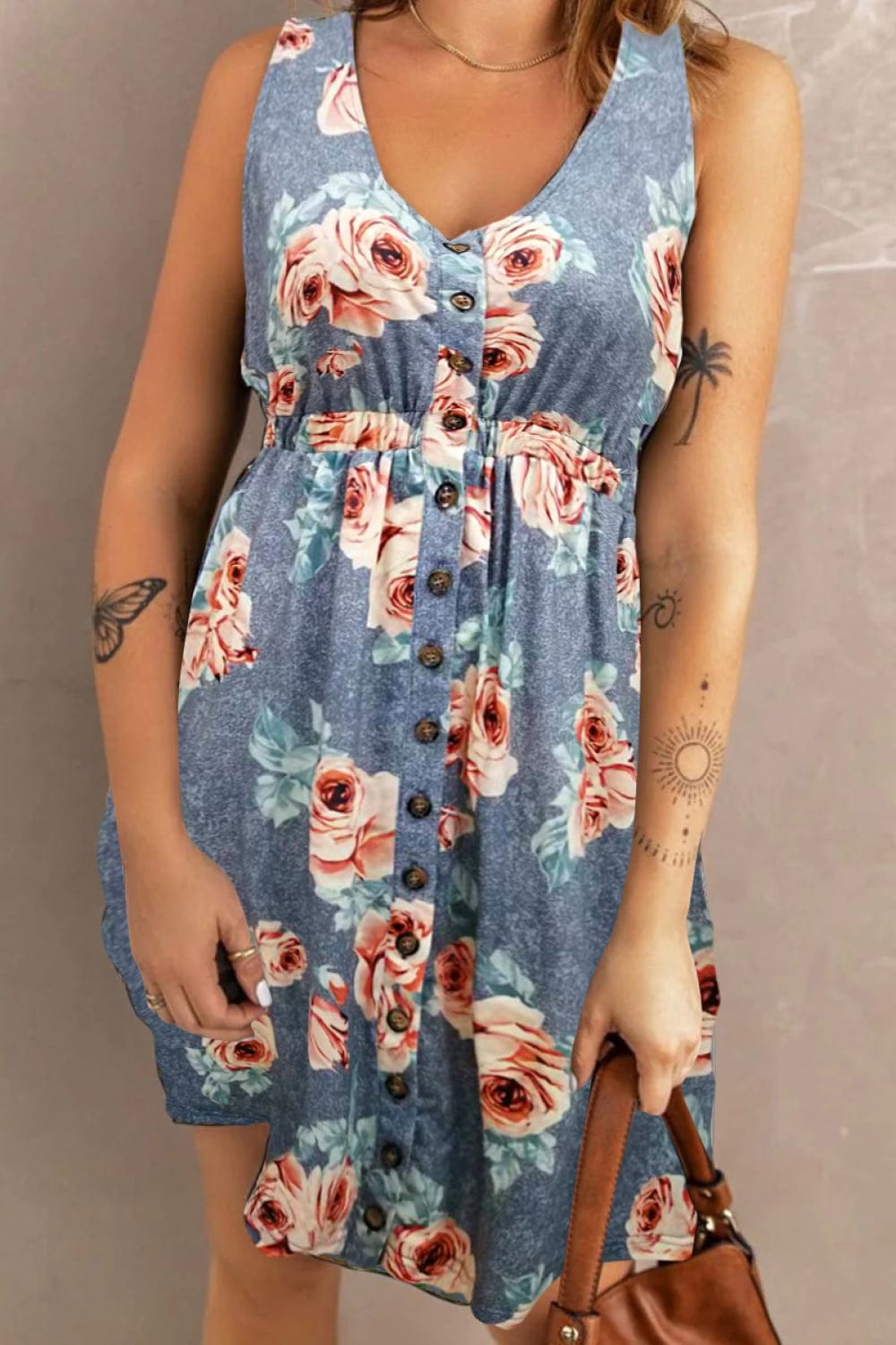 Trendsi Double Take Printed Scoop Neck Sleeveless Buttoned Magic Dress with Pockets