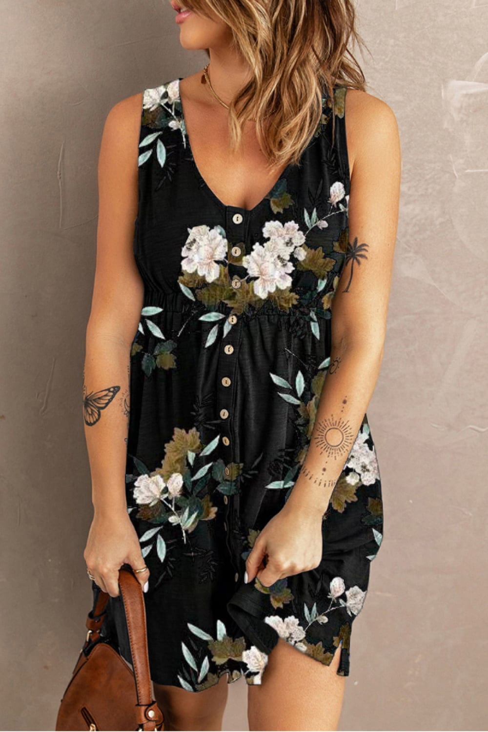 Trendsi Double Take Printed Scoop Neck Sleeveless Buttoned Magic Dress with Pockets