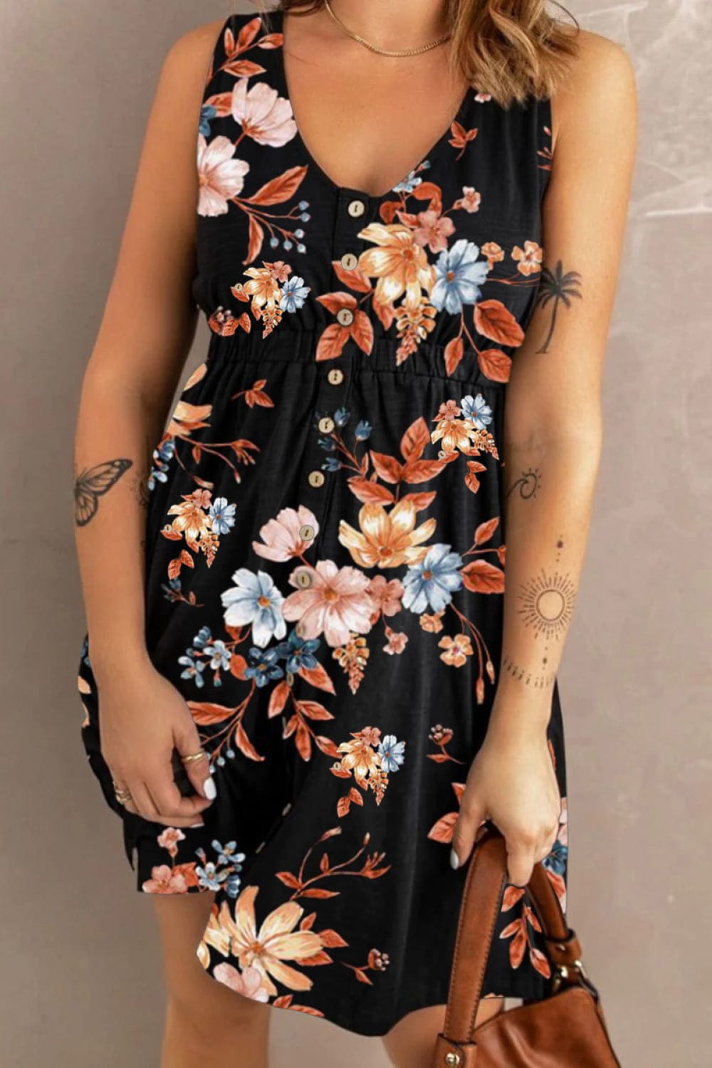 Trendsi Double Take Printed Scoop Neck Sleeveless Buttoned Magic Dress with Pockets