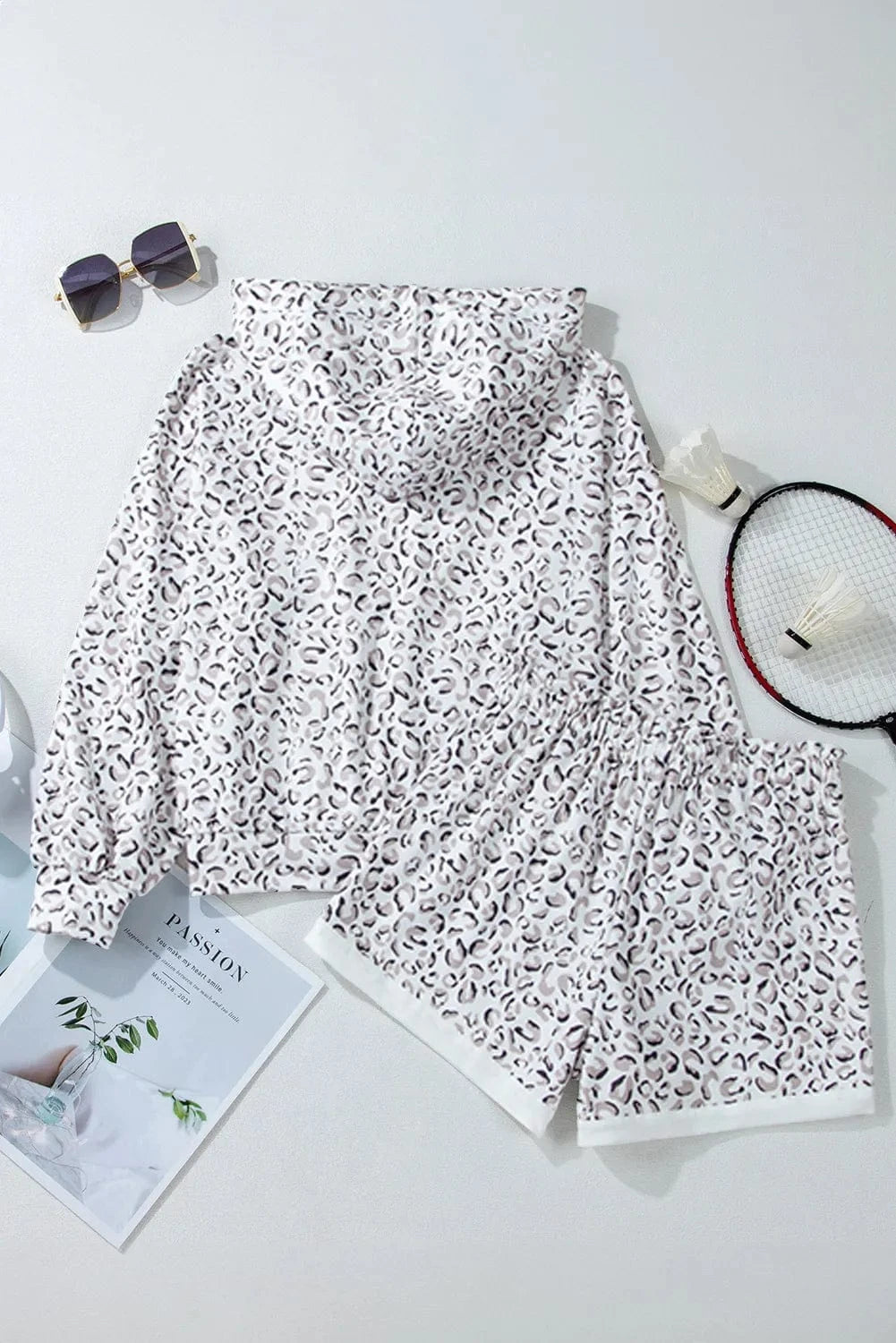 Trendsi Drawstring Leopard Long Sleeve Hooded Top and Shorts Set