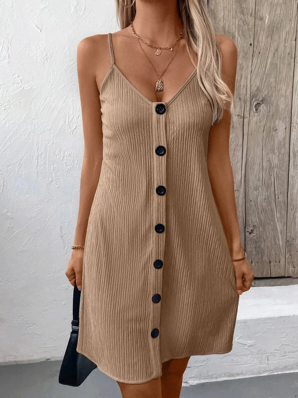 Trendsi Dreses Ivy Lane Textured V-Neck Sleeveless Mini Cami Dress