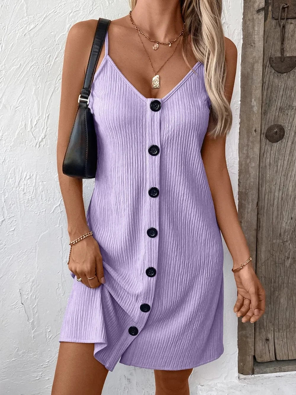 Trendsi Dreses Lavender / S Ivy Lane Textured V-Neck Sleeveless Mini Cami Dress