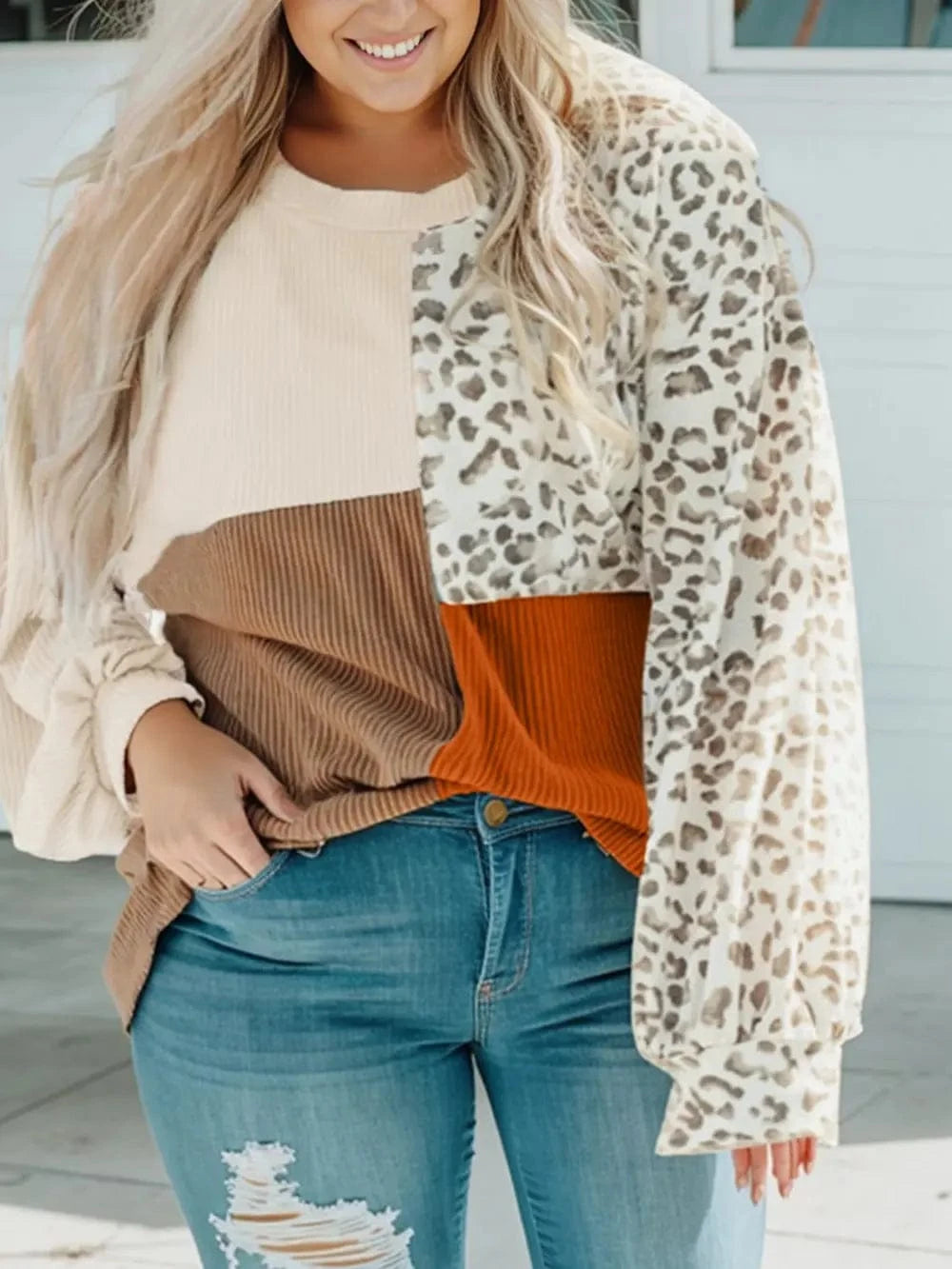 Trendsi Dust Storm / 1XL Plus Size Color Block Leopard Round Neck Top