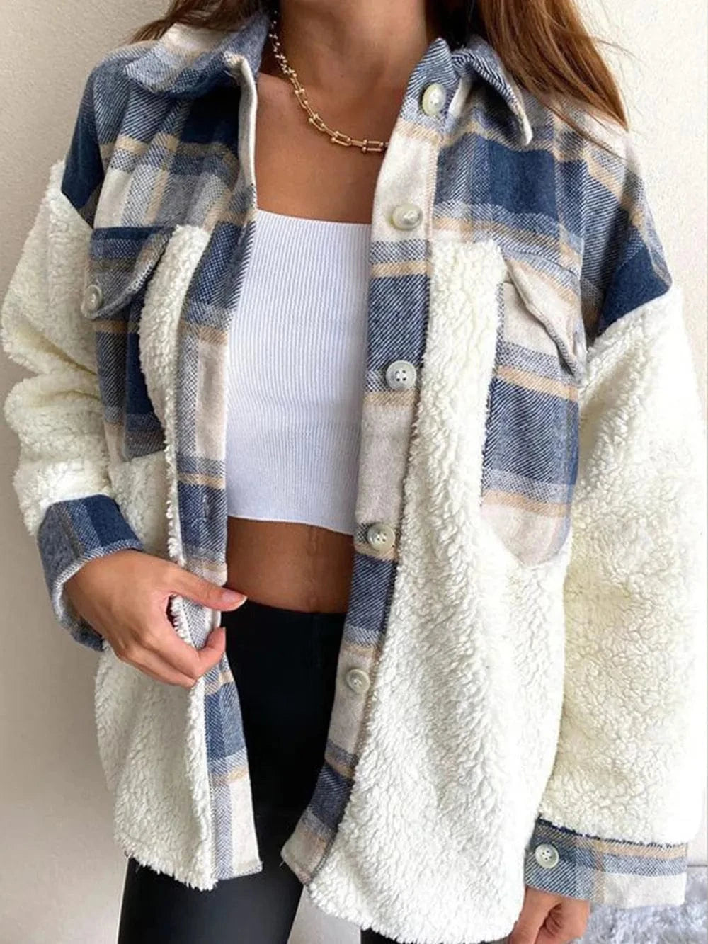Trendsi Dusty Blue / S Fuzzy Button Up Long Sleeve Jacket