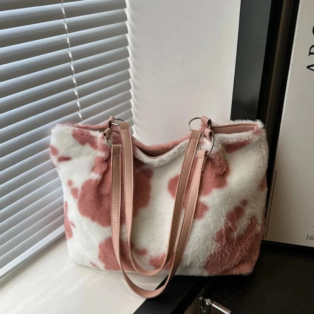 Trendsi Dusty Pink / One Size Cow Print Furry Tote Bag