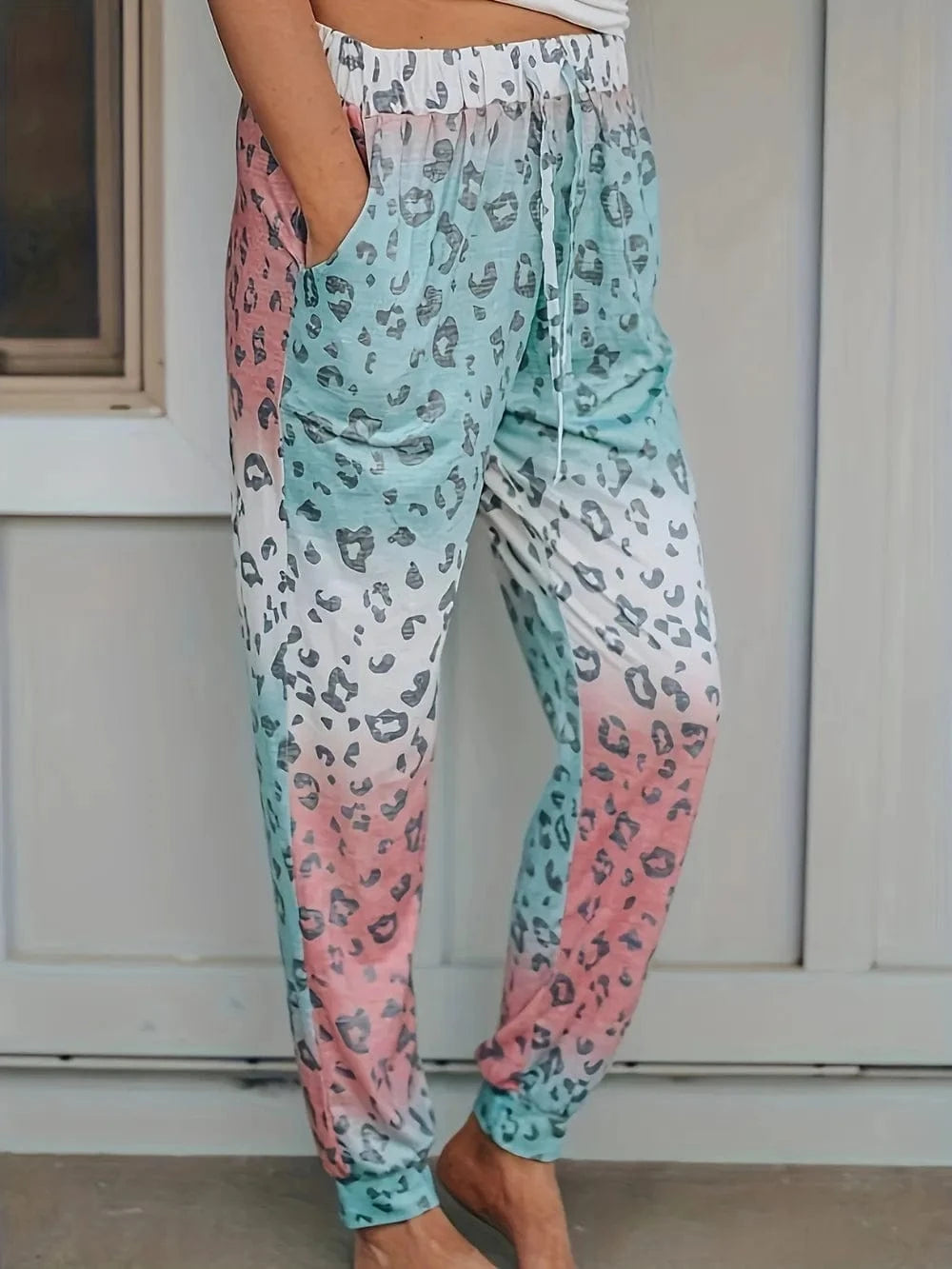 Trendsi Dusty Pink / S Drawstring Leopard Pants with Pockets