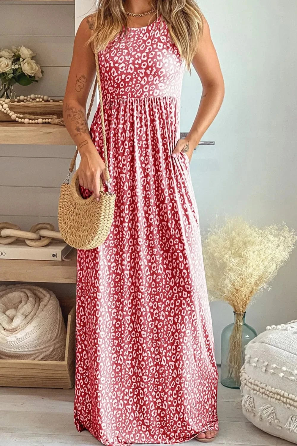 Trendsi Dusty Pink / S Leopard Round Neck Sleeveless Maxi Dress