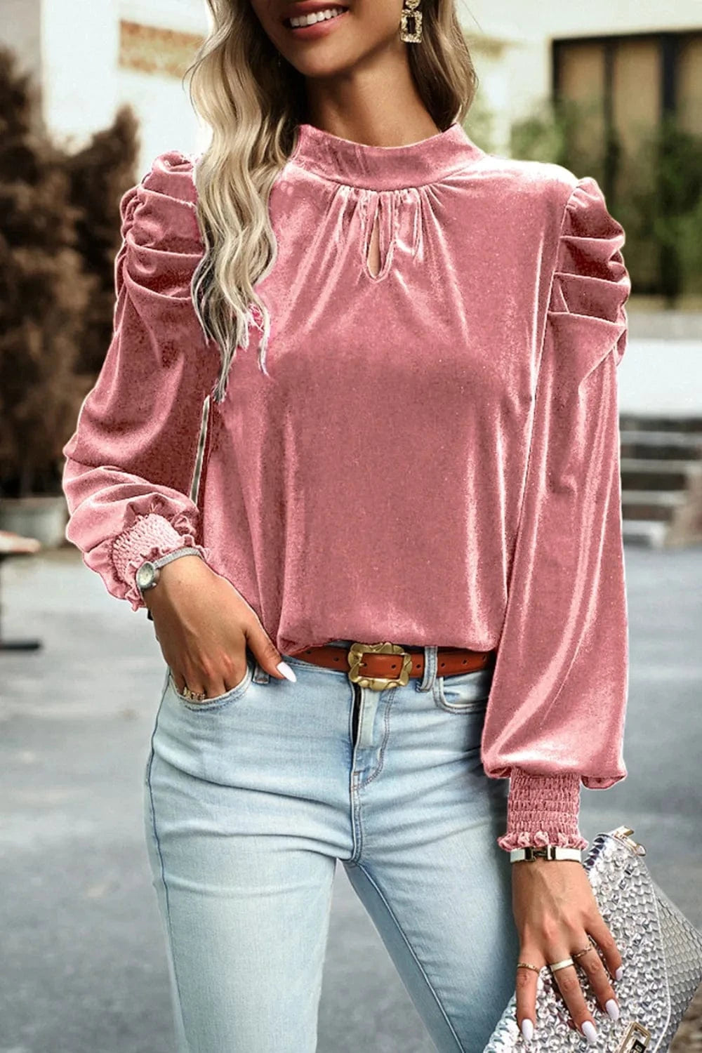 Trendsi Dusty Pink / S Tie Up Mock Neck Velvet Fabric Long Sleeve Blouse