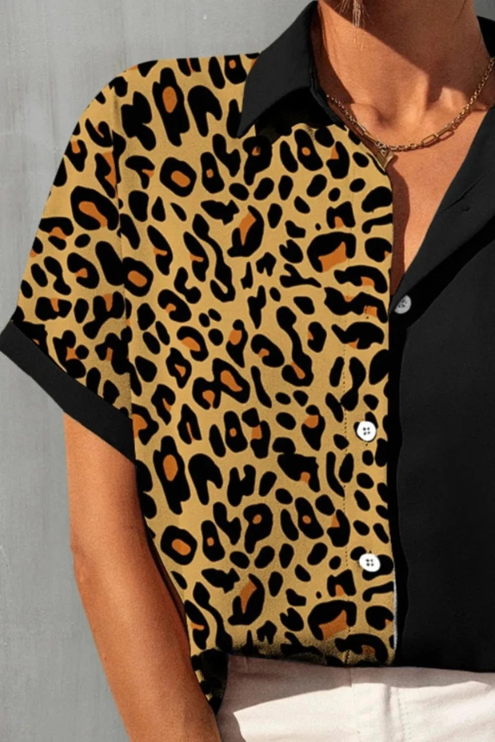 Trendsi FAM-FAM Leopard Button Up Short Sleeve Shirt