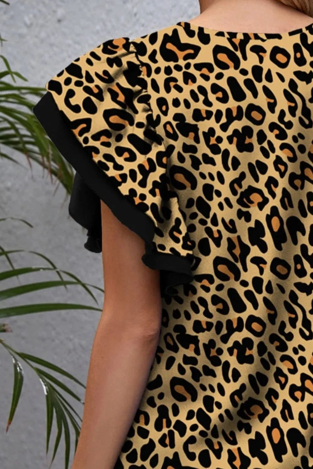Trendsi FAM-FAM Leopard Round Neck Flounce Sleeve Blouse