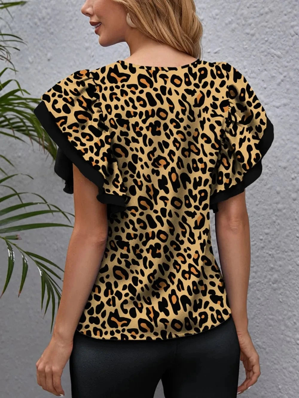 Trendsi FAM-FAM Leopard Round Neck Flounce Sleeve Blouse