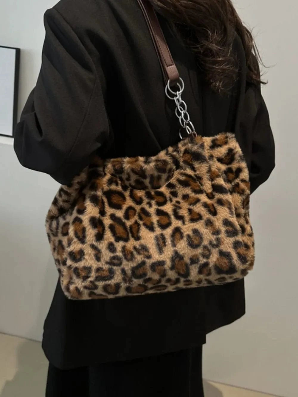 Trendsi Faux Fur Leopard Shoulder Bag