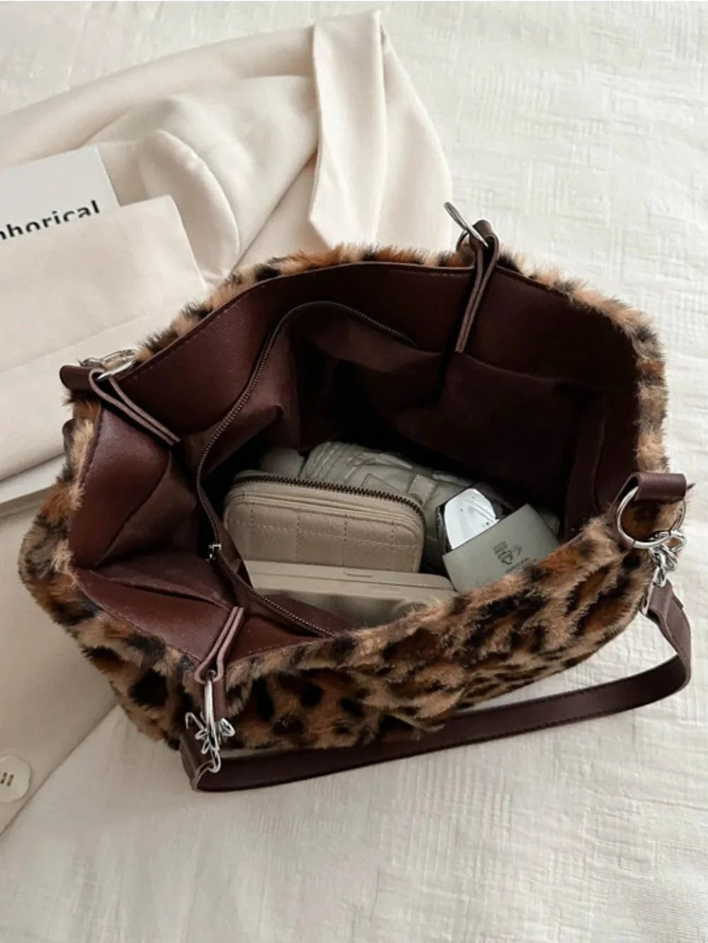 Trendsi Faux Fur Leopard Shoulder Bag
