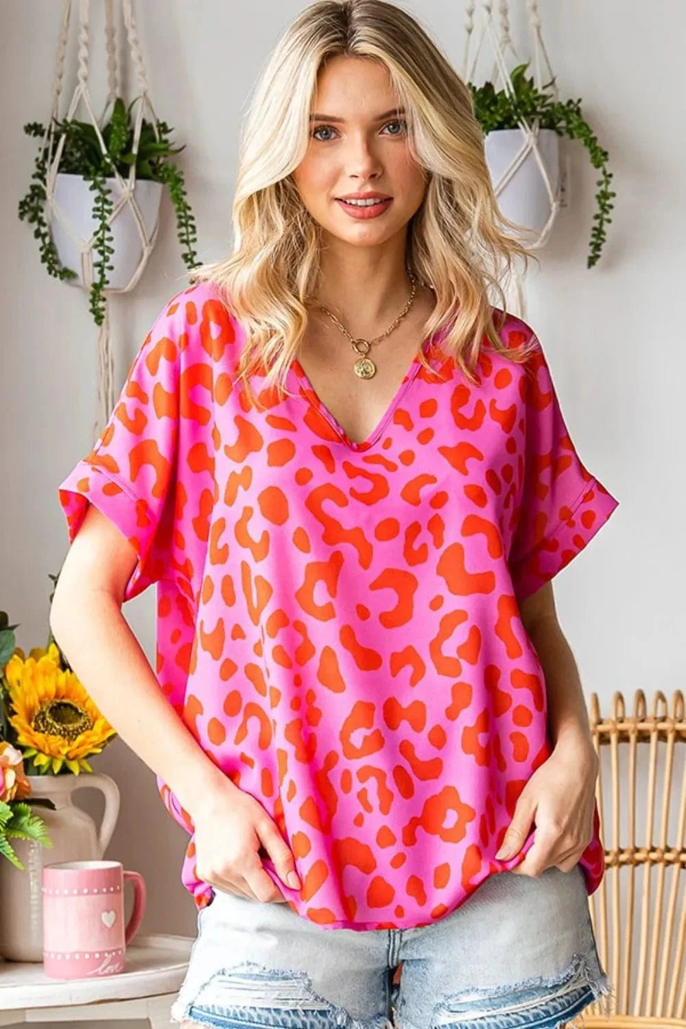 Trendsi First Love Leopard V-Neck Short Sleeve Woven Top
