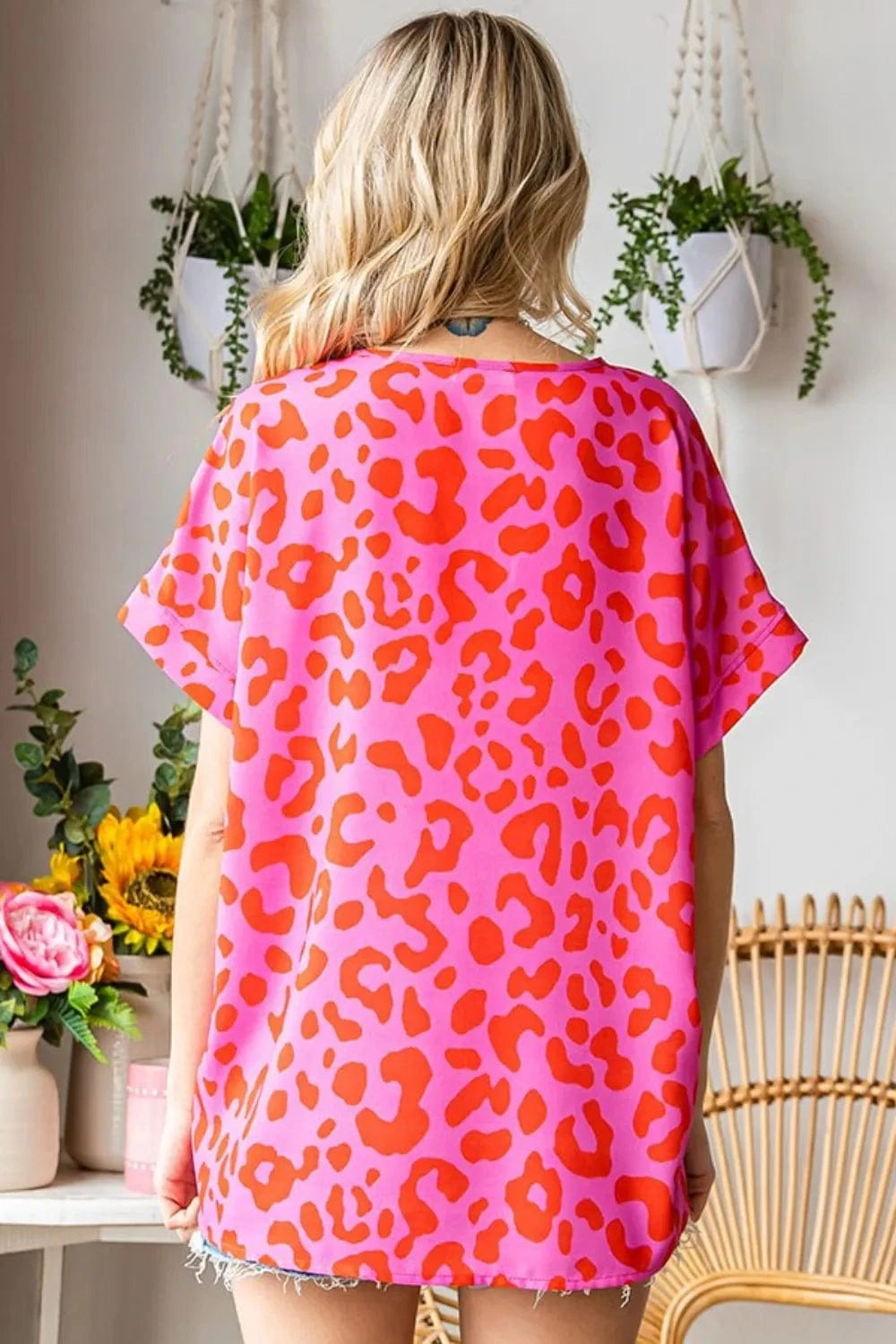 Trendsi First Love Leopard V-Neck Short Sleeve Woven Top