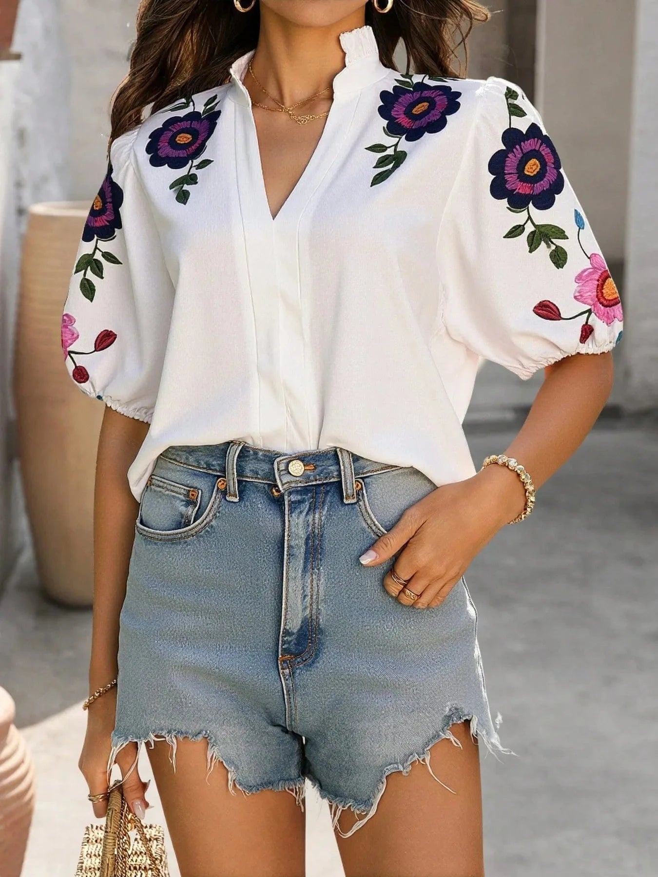 Trendsi Floral Print Notched Puff Sleeve Blouse