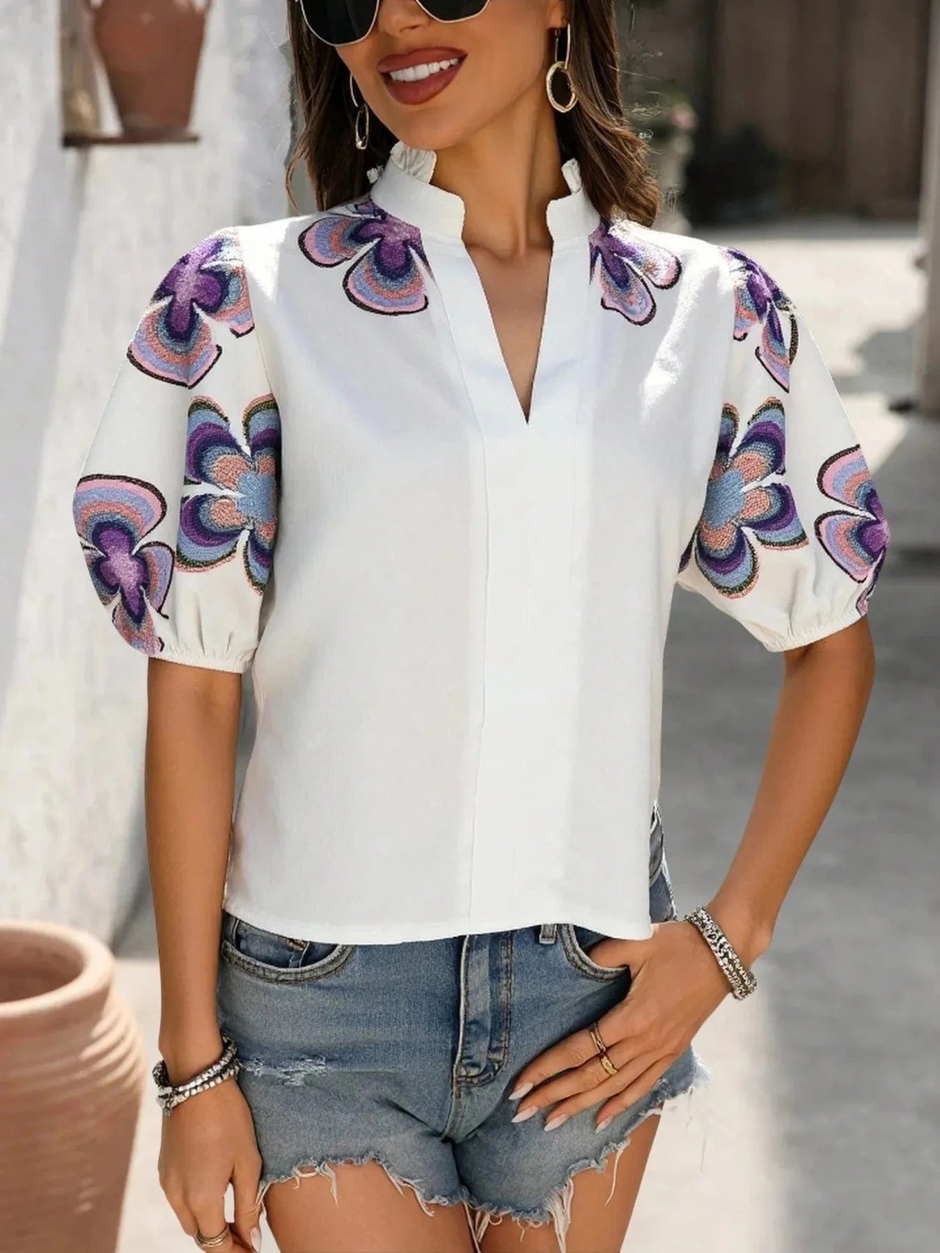 Trendsi Floral Print Notched Puff Sleeve Blouse