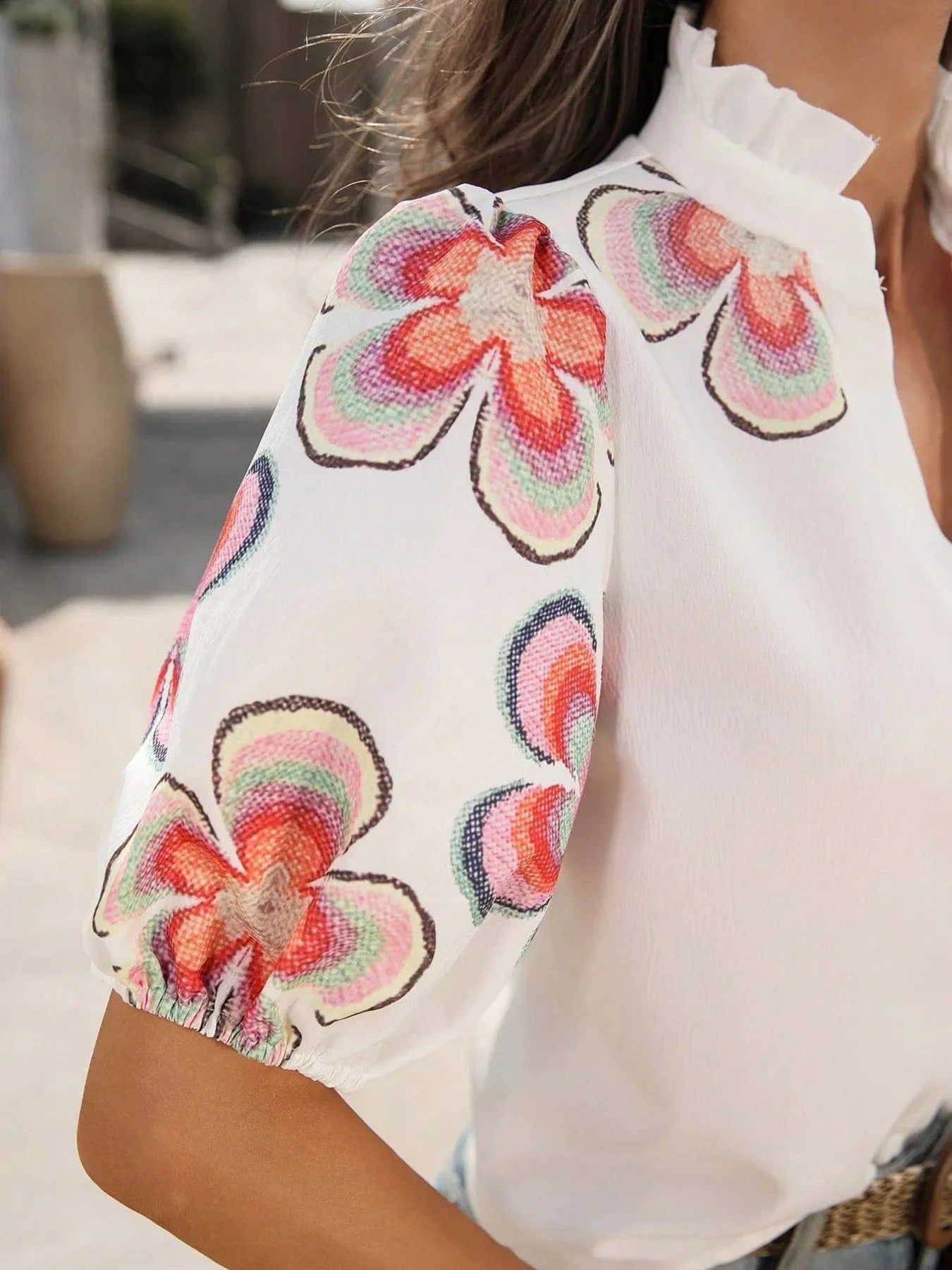 Trendsi Floral Print Notched Puff Sleeve Blouse