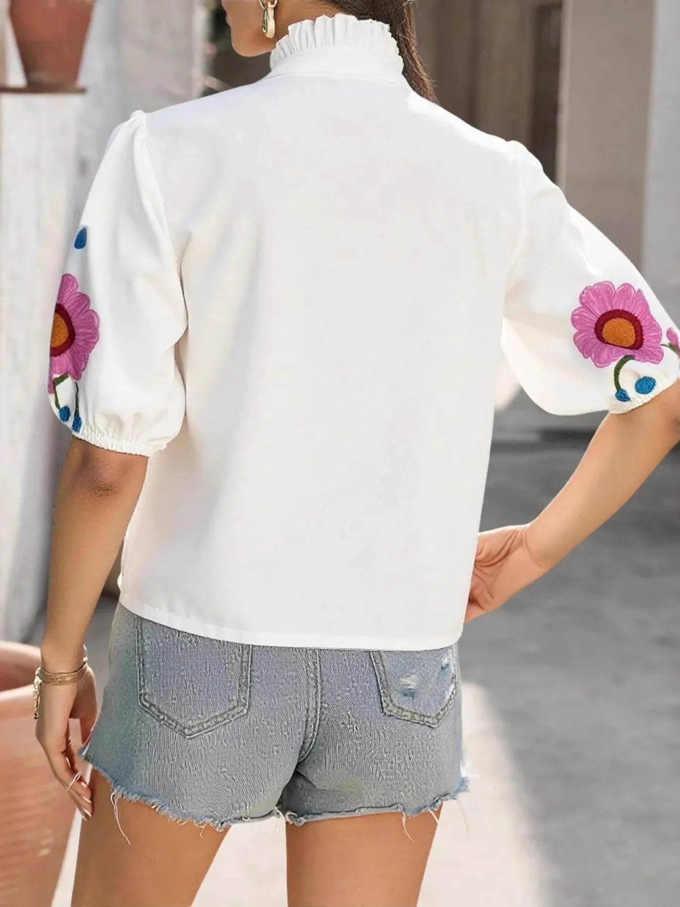 Trendsi Floral Print Notched Puff Sleeve Blouse