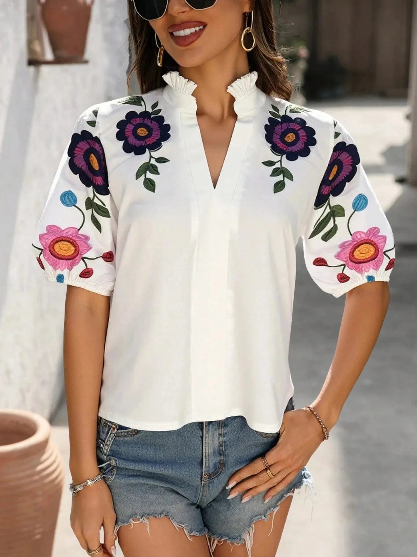 Trendsi Floral Print Notched Puff Sleeve Blouse