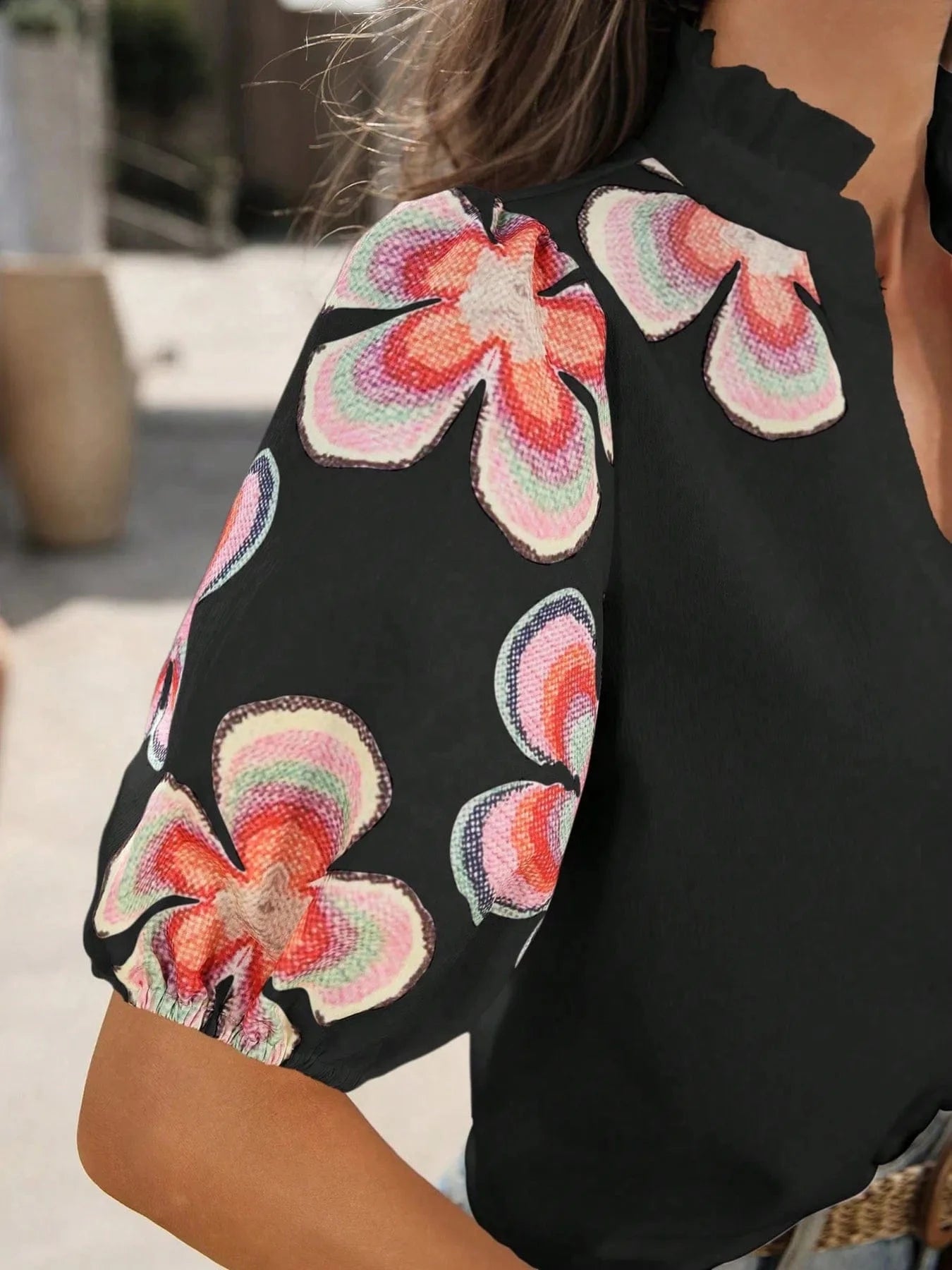 Trendsi Floral Print Notched Puff Sleeve Blouse