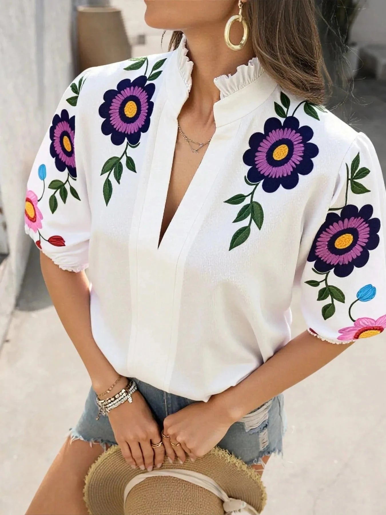 Trendsi Floral Print Notched Puff Sleeve Blouse