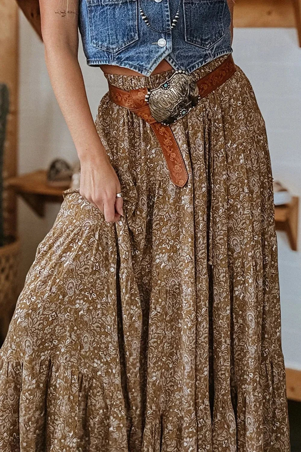 Trendsi Floral Print Tiered Maxi Skirt