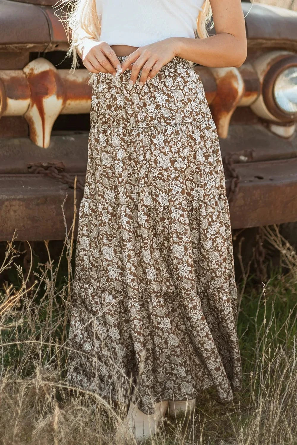 Trendsi Floral Print Tiered Maxi Skirt