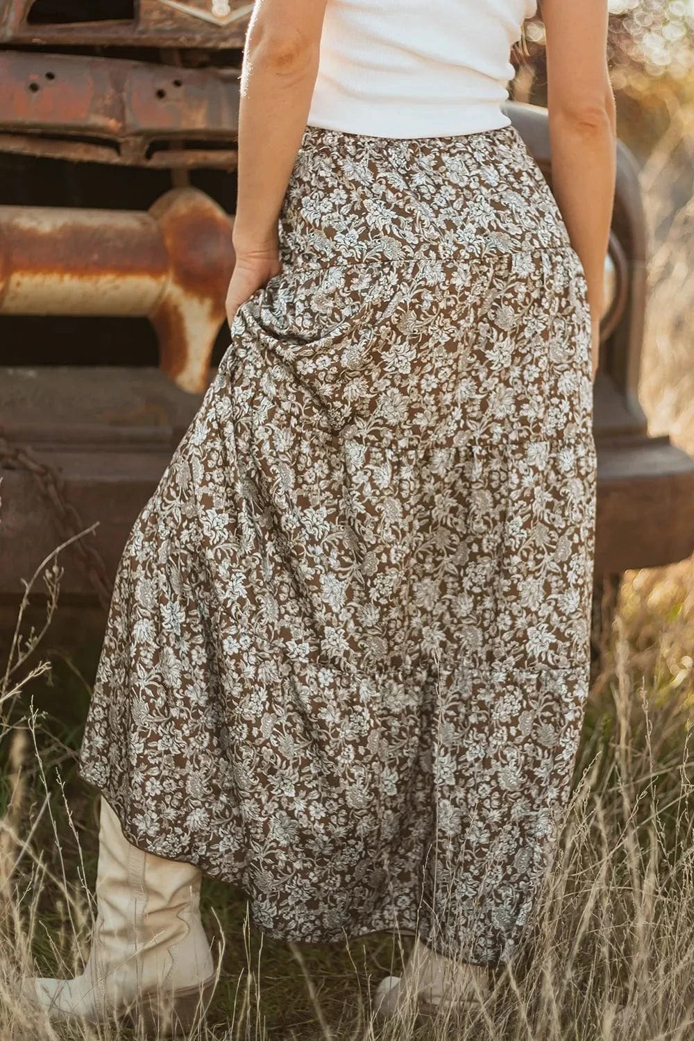 Trendsi Floral Print Tiered Maxi Skirt