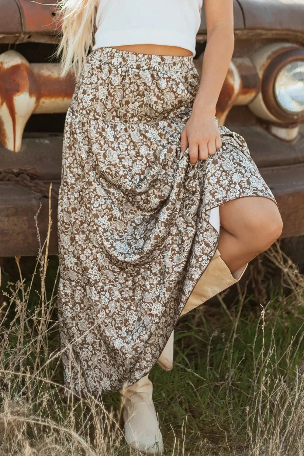 Trendsi Floral Print Tiered Maxi Skirt