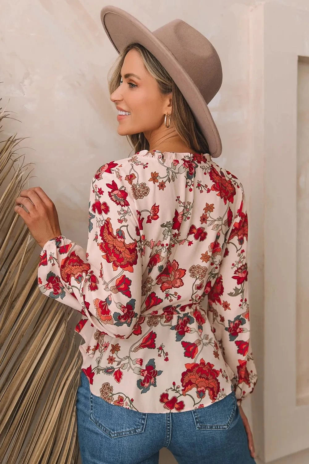Trendsi Floral V-Neck Drawstring Peplum Blouse