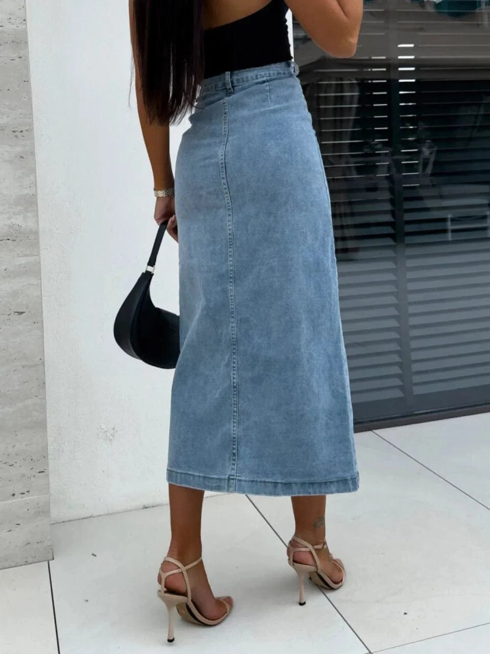 Trendsi Front Button Slit Midi Denim Skirt
