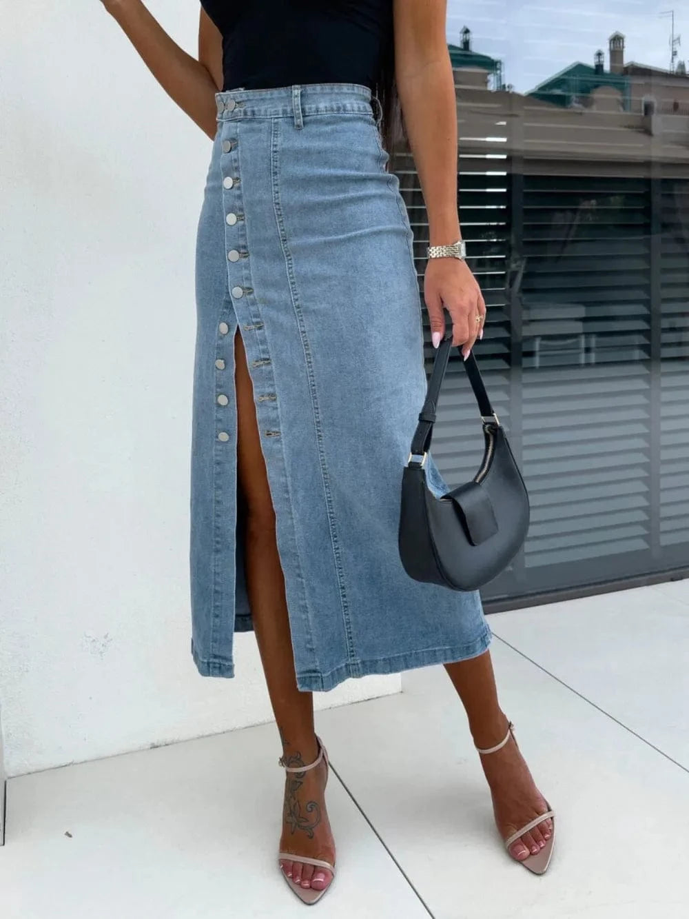 Trendsi Front Button Slit Midi Denim Skirt