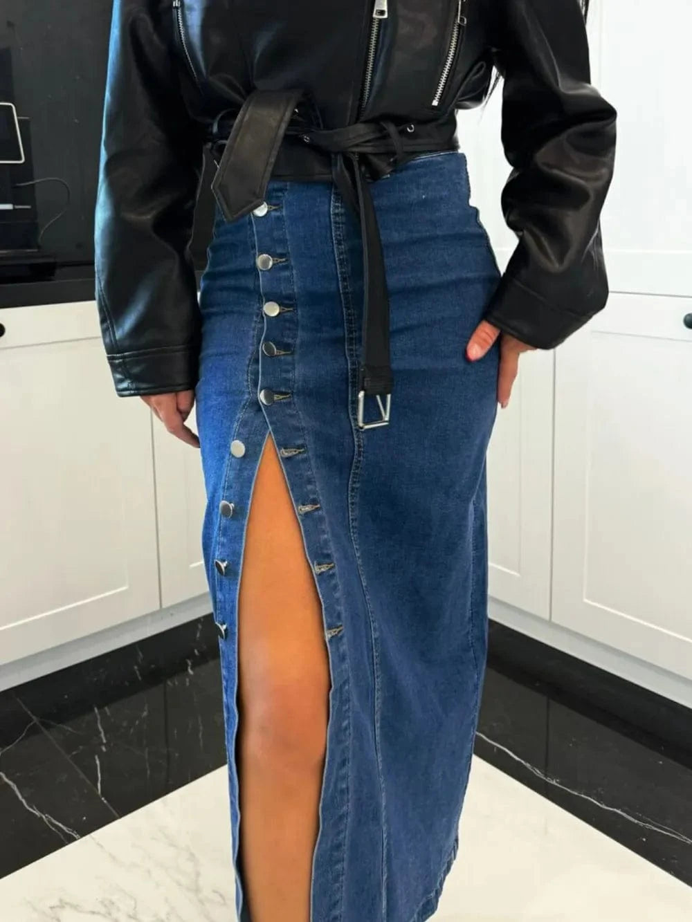Trendsi Front Button Slit Midi Denim Skirt