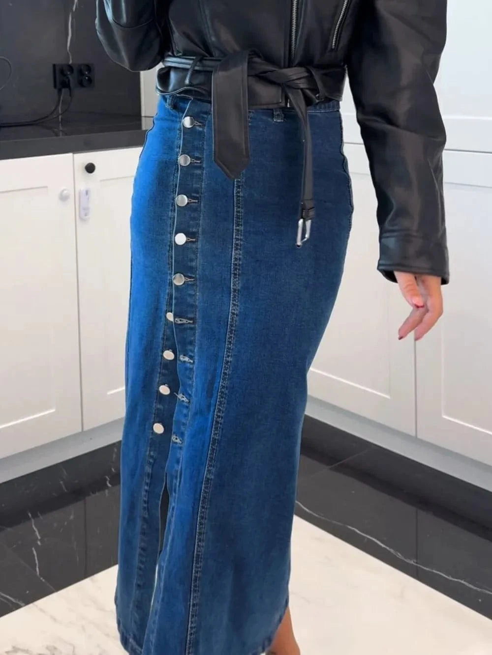 Trendsi Front Button Slit Midi Denim Skirt