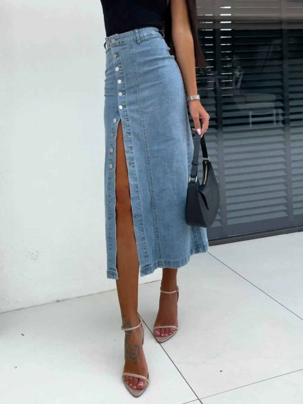 Trendsi Front Button Slit Midi Denim Skirt
