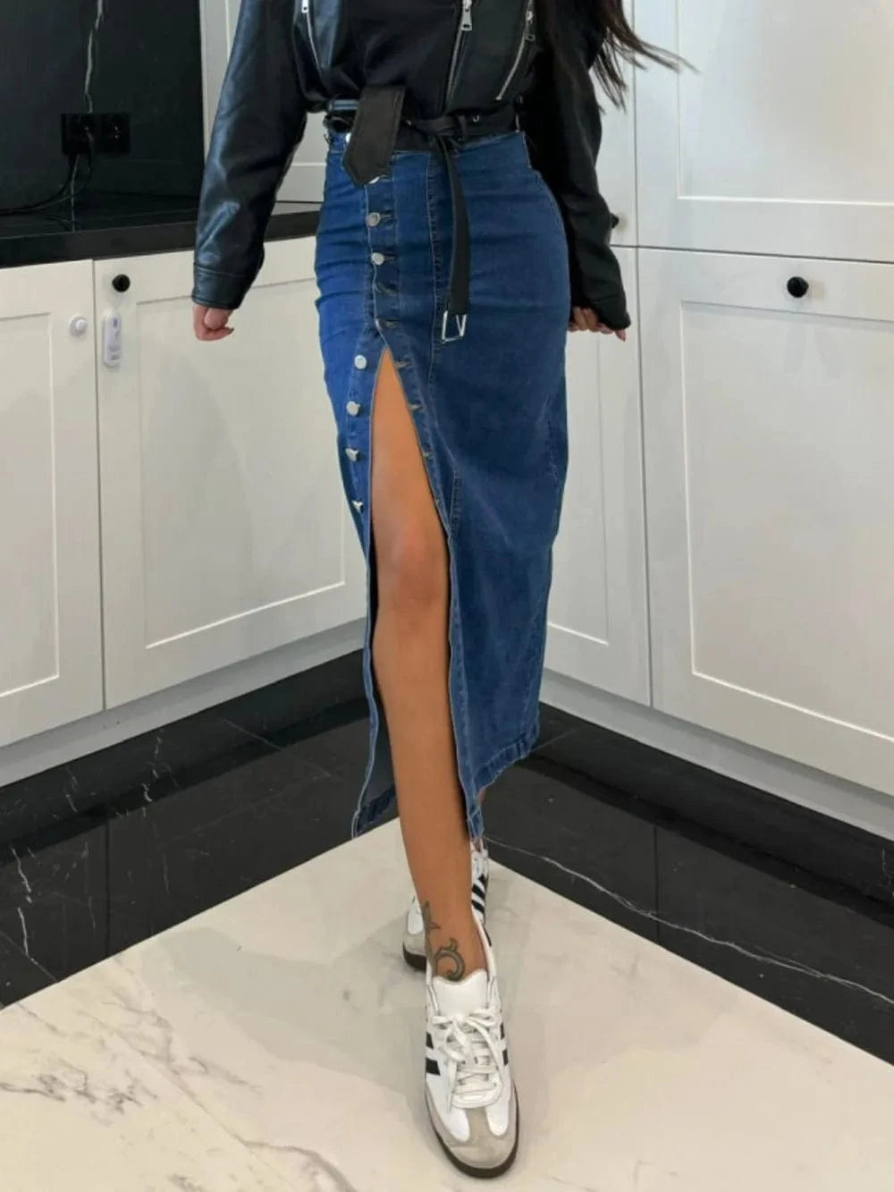 Trendsi Front Button Slit Midi Denim Skirt