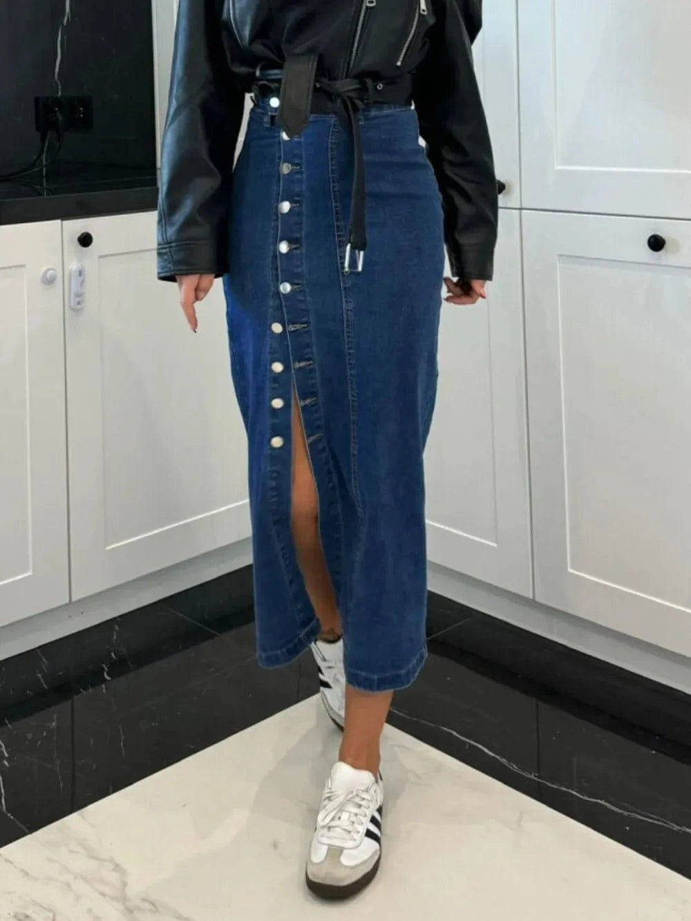 Trendsi Front Button Slit Midi Denim Skirt