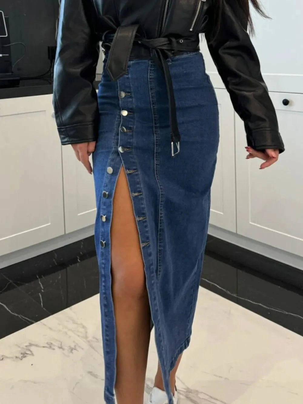 Trendsi Front Button Slit Midi Denim Skirt