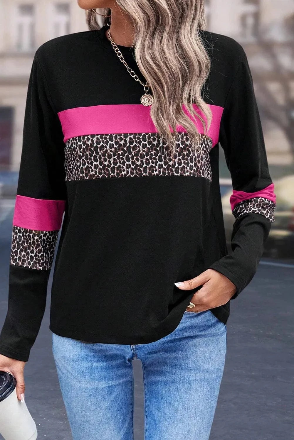 Trendsi Fuchsia Pink / S Leopard Round Neck Long Sleeve Blouse