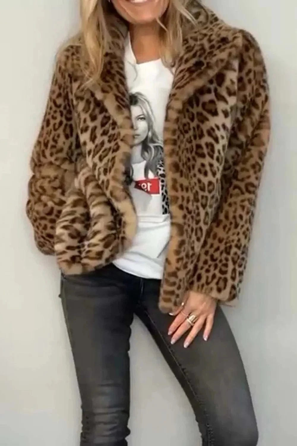 Trendsi Full Size Leopard Furry Collared Neck Long Sleeve Coat