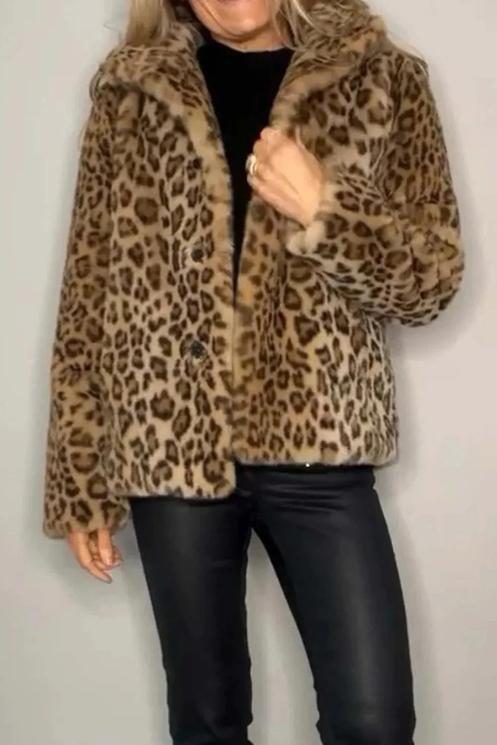 Trendsi Full Size Leopard Furry Collared Neck Long Sleeve Coat