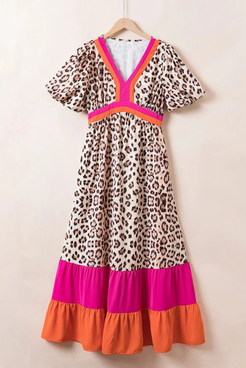 Trendsi Full Size Leopard V-Neck Half Sleeve Maxi Dress