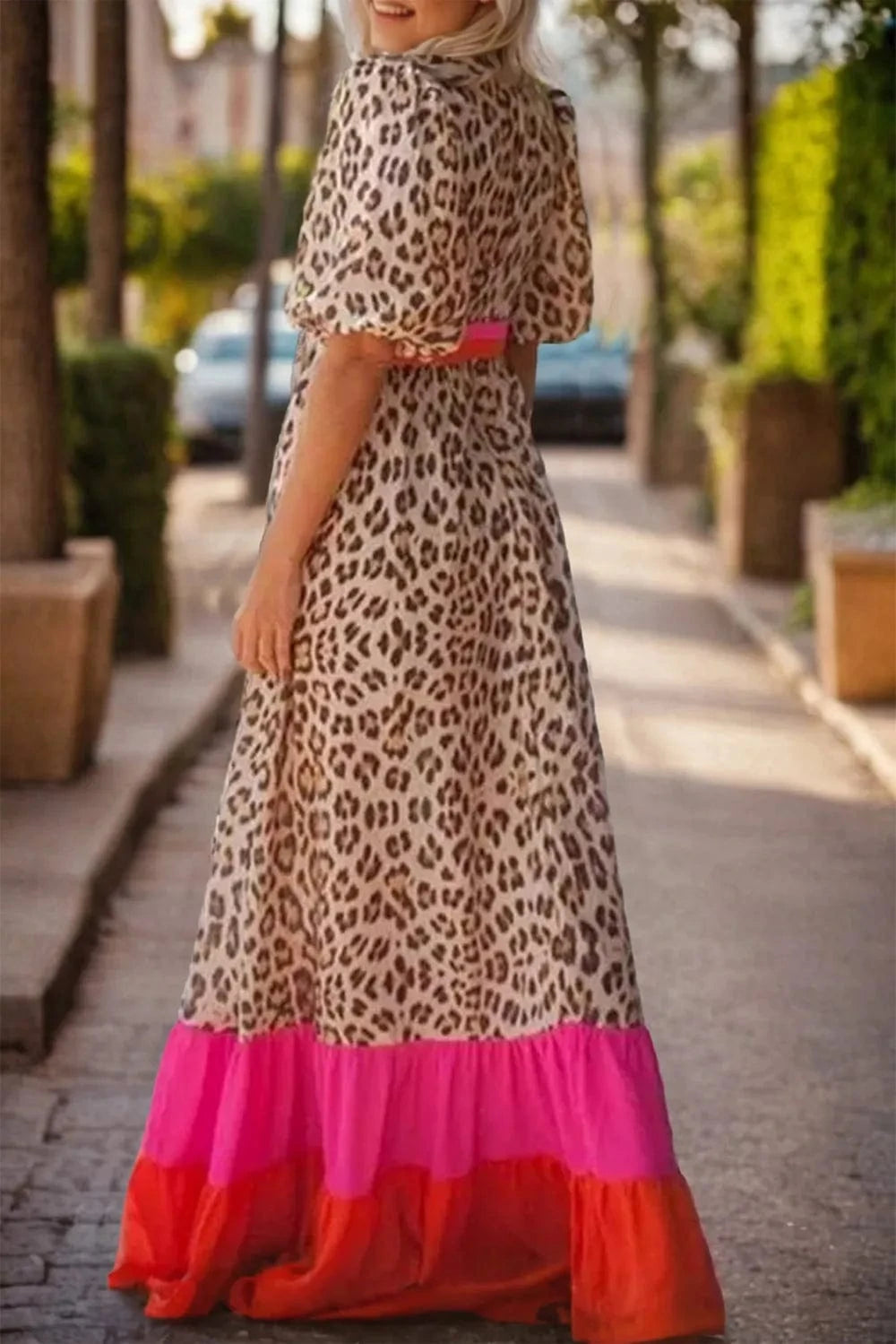 Trendsi Full Size Leopard V-Neck Half Sleeve Maxi Dress