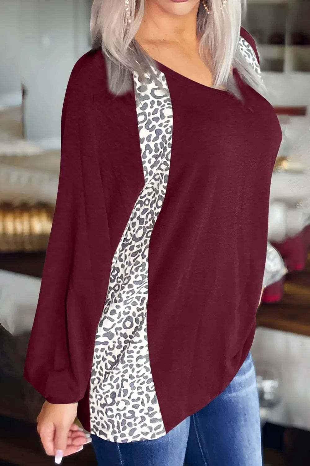Trendsi Full Size Leopard V-Neck Long Sleeve T-Shirt