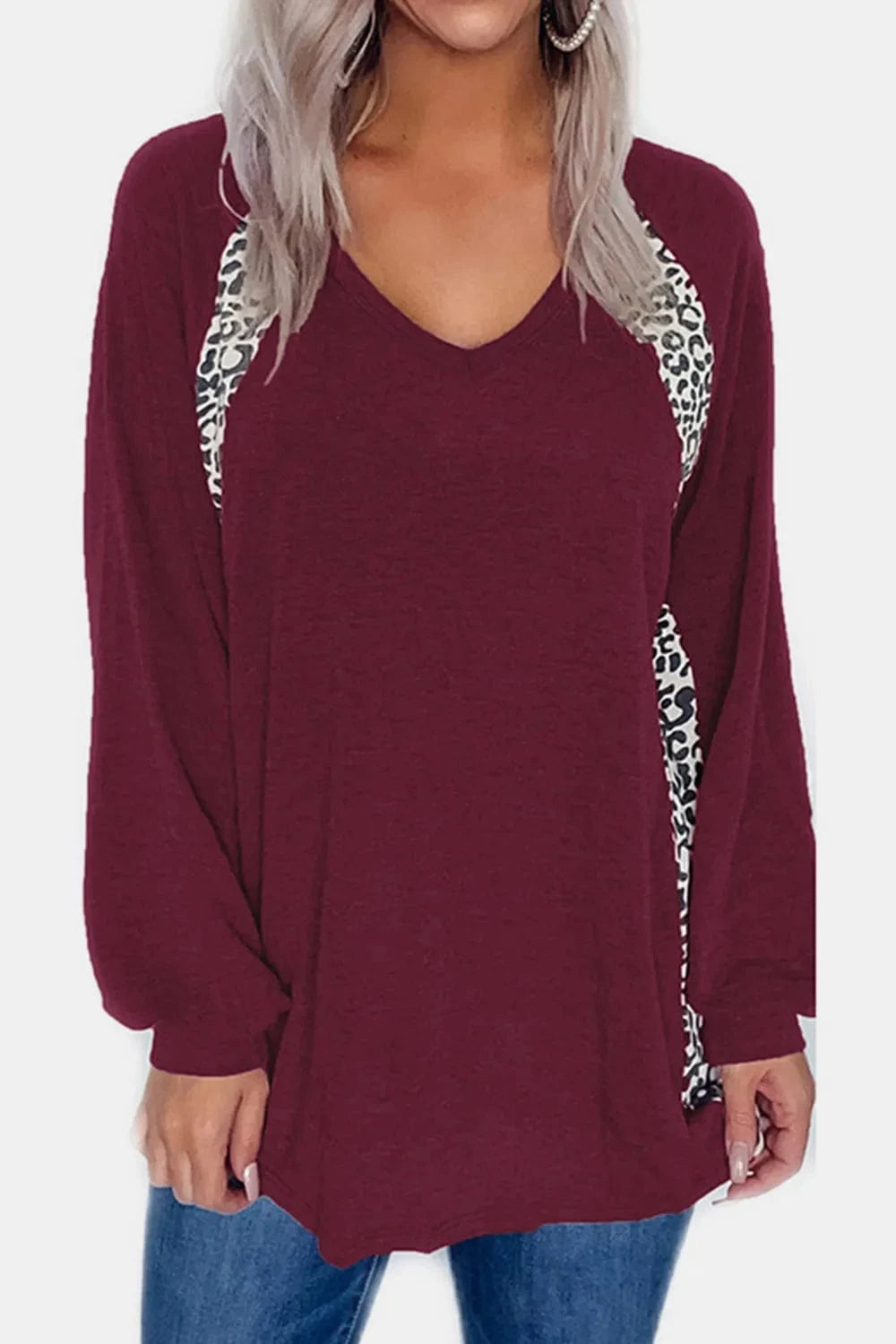 Trendsi Full Size Leopard V-Neck Long Sleeve T-Shirt