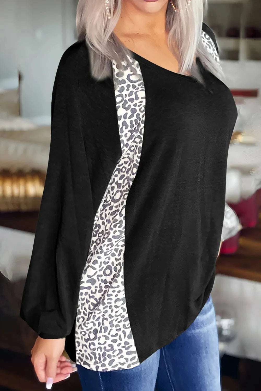Trendsi Full Size Leopard V-Neck Long Sleeve T-Shirt