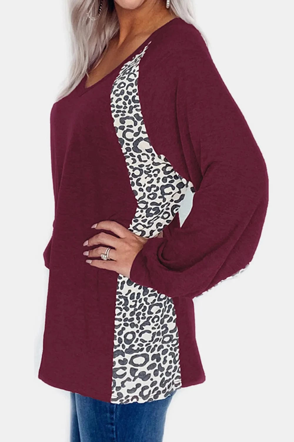 Trendsi Full Size Leopard V-Neck Long Sleeve T-Shirt
